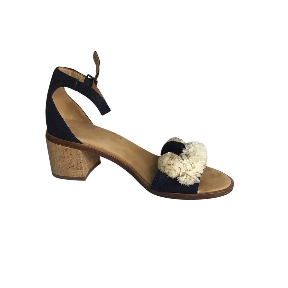 Soludos Capri Pom Pom Block Heel Navy Strap Sandals Women SZ 6.5 Navy EUC Resort